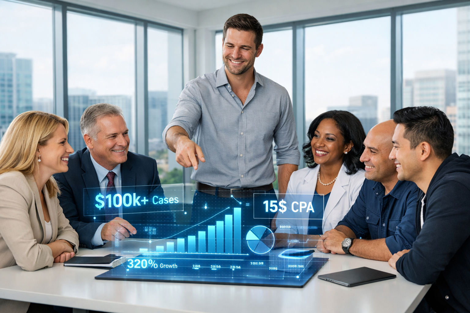 Successful team meeting reviewing new marketing results